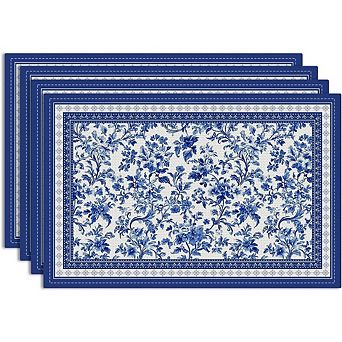 Blue Floral Linen Placemats Set of 4 Washable Non-Slip Heat Resistant Table Mats