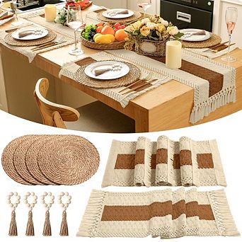 MOEPLSY Rustic Macrame Table Decor Set of 4,Boho Woven Placemats with Table Runner & Napkin Rings