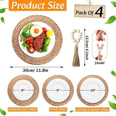 MOEPLSY Rustic Macrame Table Decor Set of 4,Boho Woven Placemats with Table Runner & Napkin Rings