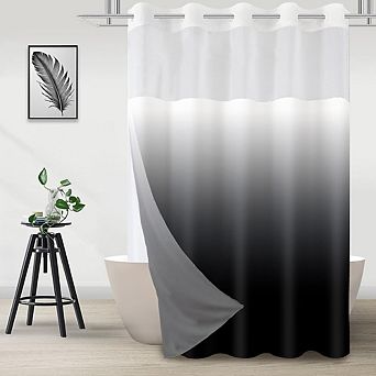 No-hook shower curtain with snap-in liner, ombre fabric design, waterproof and washable.