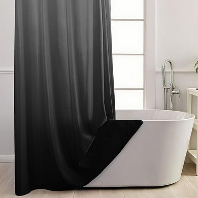 No-hook shower curtain with snap-in liner, ombre fabric design, waterproof and washable.