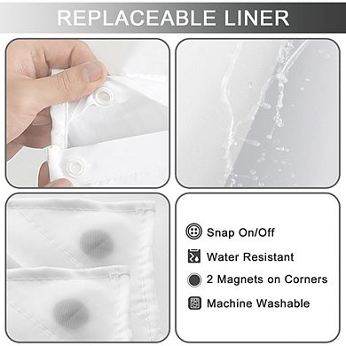 No-hook shower curtain with snap-in liner, ombre fabric design, waterproof and washable.