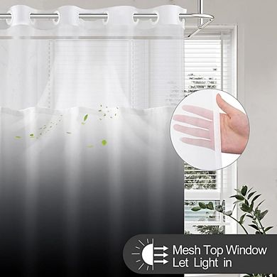 No-hook shower curtain with snap-in liner, ombre fabric design, waterproof and washable.