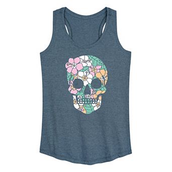Women's Summerween Tropical Floral Skull Graphic Racerback Tank Top