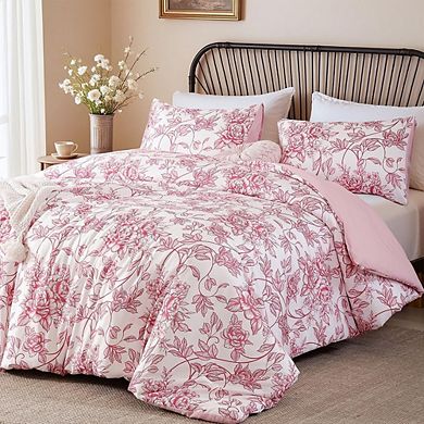 Full Comforter Set Pink Floral Soft Breathable Microfiber Bedding 3-Piece