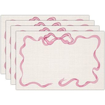 Pink Bow Linen Placemats Set of 4 Waterproof Washable Heat Resistant Table Mats