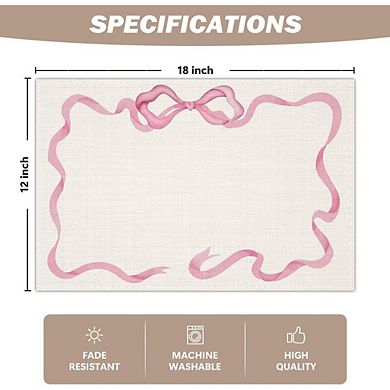Pink Bow Linen Placemats Set of 4 Waterproof Washable Heat Resistant Table Mats