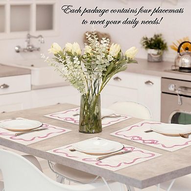 Pink Bow Linen Placemats Set of 4 Waterproof Washable Heat Resistant Table Mats