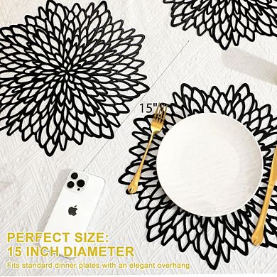 MOEPLSY 4 Pcs Black Metallic Glossy Round Placemats, Heat-Resistant PVC Table Mats for Decoration