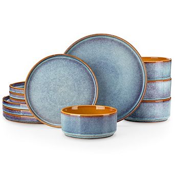 MOEPLSY12 pc Reactive Glaze Dinnerware Set, Stoneware Plates and Bowls, Microwave & Dishwasher