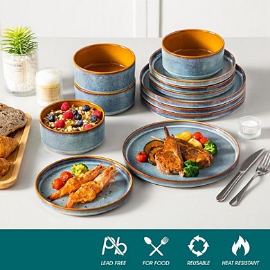 MOEPLSY12-Piece Reactive Glaze Dinnerware Set, Stoneware Plates and Bowls, Microwave & Dishwasher