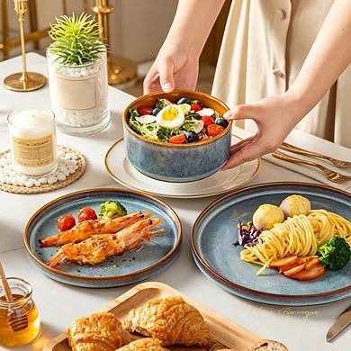 MOEPLSY12-Piece Reactive Glaze Dinnerware Set, Stoneware Plates and Bowls, Microwave & Dishwasher