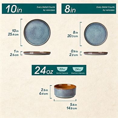 MOEPLSY12-Piece Reactive Glaze Dinnerware Set, Stoneware Plates and Bowls, Microwave & Dishwasher