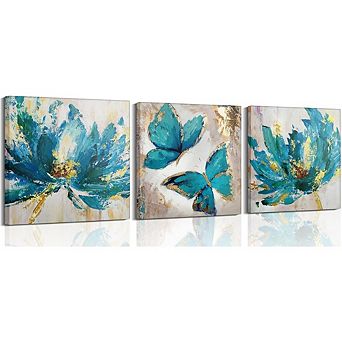 Abstract Floral Canvas Wall Art Set of 3 Framed with Hanging Hooks