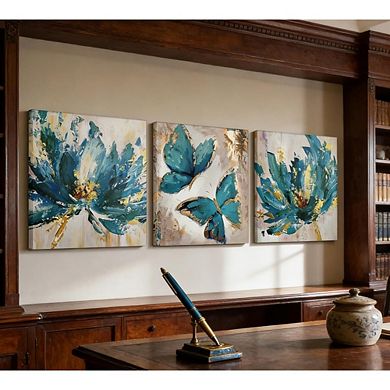 Abstract Floral Canvas Wall Art Set of 3 Framed with Hanging Hooks