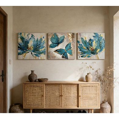 Abstract Floral Canvas Wall Art Set of 3 Framed with Hanging Hooks