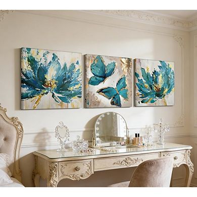 Abstract Floral Canvas Wall Art Set of 3 Framed with Hanging Hooks
