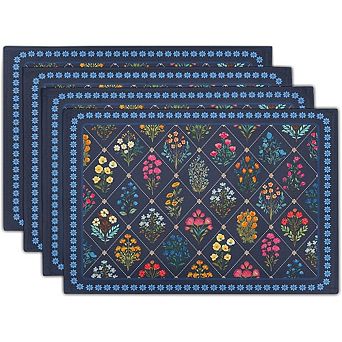 Dark Blue Floral Placemats Wildflower Printed Decorative Set of 4