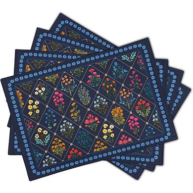 Dark Blue Floral Placemats Wildflower Printed Decorative Set of 4