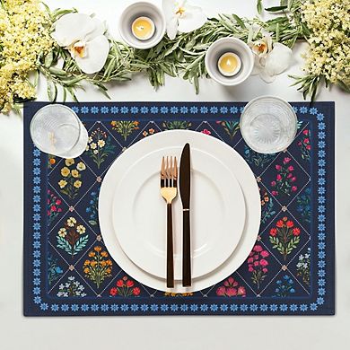 Dark Blue Floral Placemats Wildflower Printed Decorative Set of 4