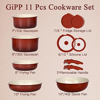 Ceramic Nonstick Cookware Set, Detachable Handle, Induction Compatible