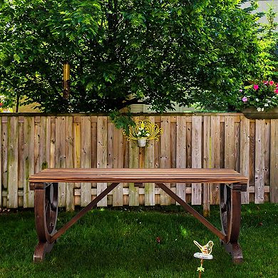 2 Seat Wooden Bench with Wagon Wheel Sides for Backyard, Lawn or Porch