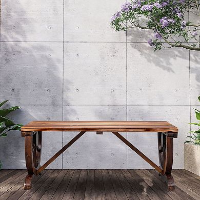 2 Seat Wooden Bench with Wagon Wheel Sides for Backyard, Lawn or Porch