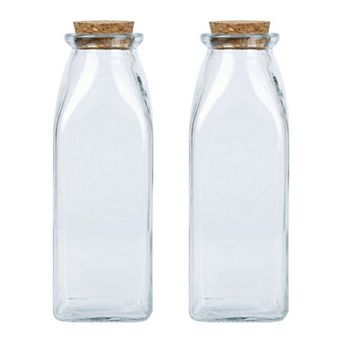 2 pc Decorative Glass Jars with Cork Stoppers Clear Bottles 2.2"L x 2.2"W x 6.3"H