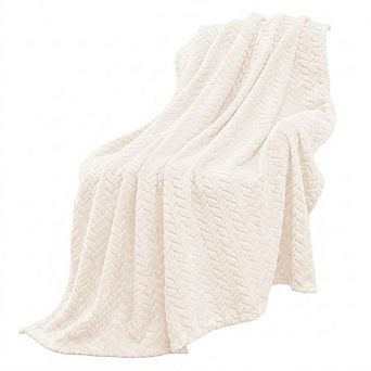 Off White Jacquard Flannel Throw Blanket, Soft Lightweight Cozy Plush Blanket