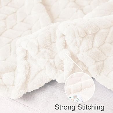 Off White Jacquard Flannel Throw Blanket, Soft Lightweight Cozy Plush Blanket