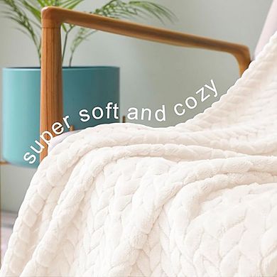 Off White Jacquard Flannel Throw Blanket, Soft Lightweight Cozy Plush Blanket