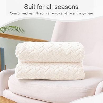 Off White Jacquard Flannel Throw Blanket, Soft Lightweight Cozy Plush Blanket
