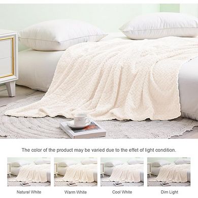 Off White Jacquard Flannel Throw Blanket, Soft Lightweight Cozy Plush Blanket