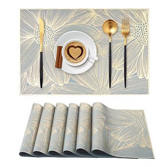 MOEPLSYGold Floral Pressed Vinyl Placemats 6 pc Non-Slip Heat Resistant Rectangular Table Mats