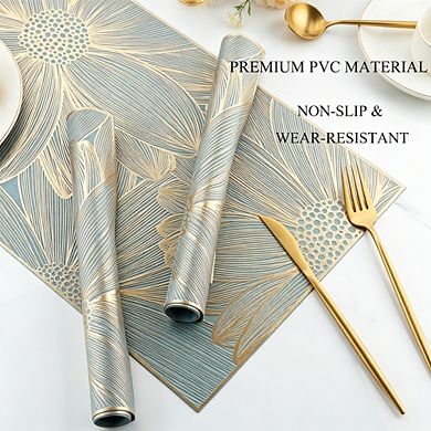 MOEPLSYGold Floral Pressed Vinyl Placemats 6-Piece, Non-Slip Heat Resistant Rectangular Table Mats