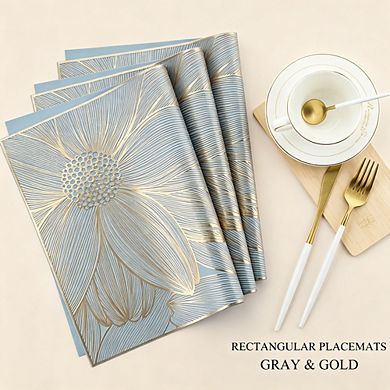 MOEPLSYGold Floral Pressed Vinyl Placemats 6-Piece, Non-Slip Heat Resistant Rectangular Table Mats