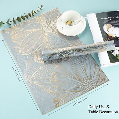 MOEPLSYGold Floral Pressed Vinyl Placemats 6-Piece, Non-Slip Heat Resistant Rectangular Table Mats