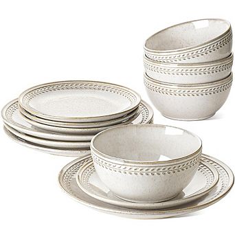 MOEPLSY12 pc Reactive Glaze Dinnerware Set,Stoneware Plates and Bowls, Microwave & Dishwasher