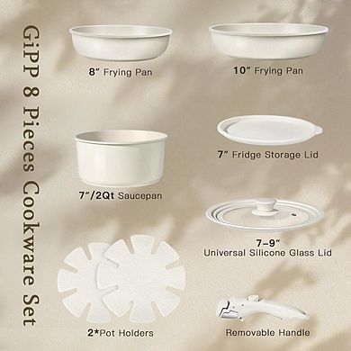 Ceramic Nonstick Cookware Set 8-Pc, Non-Toxic, Detachable Handle, Induction Safe