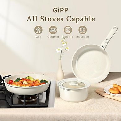 Ceramic Nonstick Cookware Set 8-Pc, Non-Toxic, Detachable Handle, Induction Safe