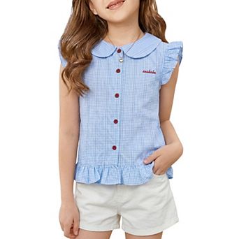 Girls 5-12 Gingham Button Down Shirt Summer Ruffle Sleeve Tank Tops Peter Pan Collar Shirts Blouses