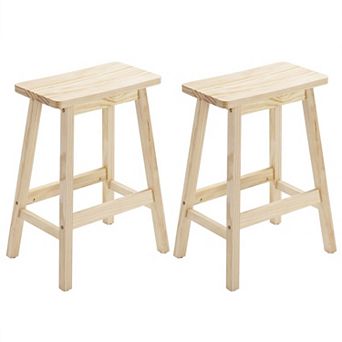 Set of 2 Pine Wood Counter Stools with Footrest Compact Saddle Design