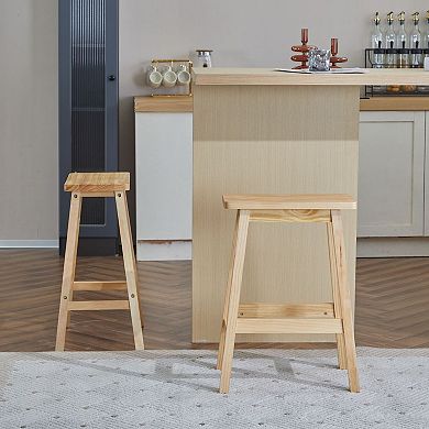 Set of 2 Pine Wood Counter Stools with Footrest Compact Saddle Design