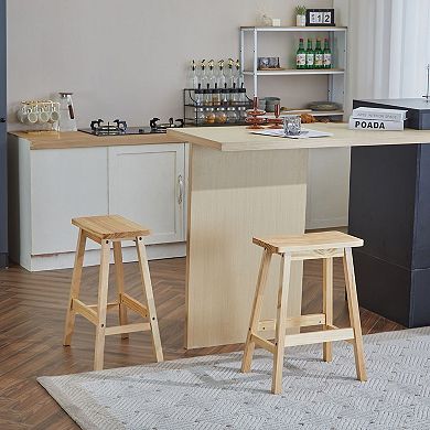 Set of 2 Pine Wood Counter Stools with Footrest Compact Saddle Design