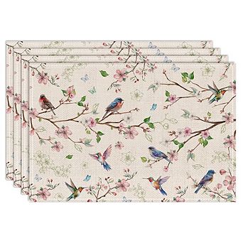 MOEPLSY 12×18 Inch Spring Floral Bird Placemats, Set of 4 Farmhouse Seasonal Table Mats