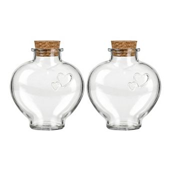 2 pc Large Heart Shaped Glass Jars with Cork Stoppers Clear Bottles 4.4"Lx4.4"Wx4.7"H