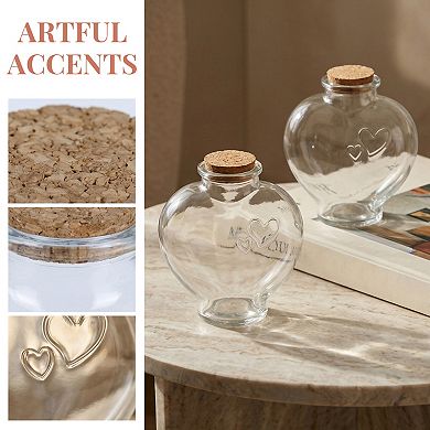 2pcs Large Heart Shaped Glass Jars with Cork Stoppers Clear Bottles 4.4"Lx4.4"Wx4.7"H