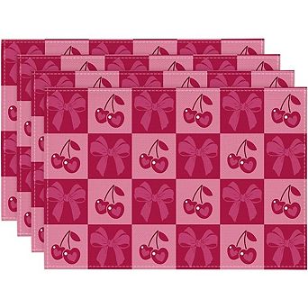 Pink Buffalo Plaid Cherry Bow Placemats Set of 4, Valentine Table Mats