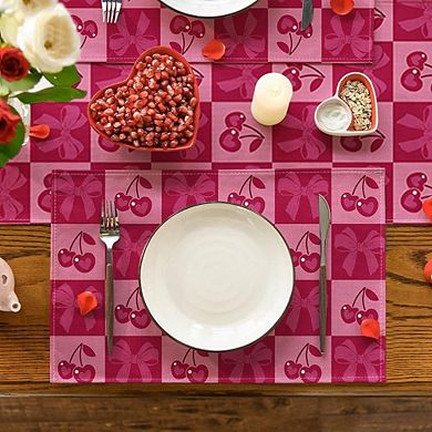 Pink Buffalo Plaid Cherry Bow Placemats Set of 4, Valentine Table Mats