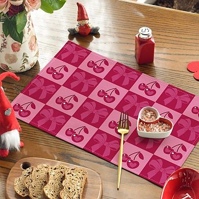 Pink Buffalo Plaid Cherry Bow Placemats Set of 4, Valentine Table Mats